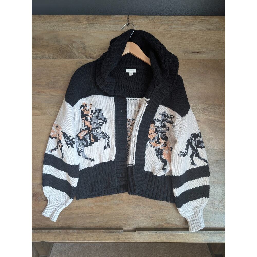 Pilcro Anthropologie Cardigan Sweater Womens 2XS Black White Horse Graphic NWT